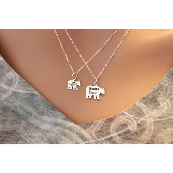 Sterling Silver Mama Bear and Baby Bear Necklace Set - Picture 2 of 3